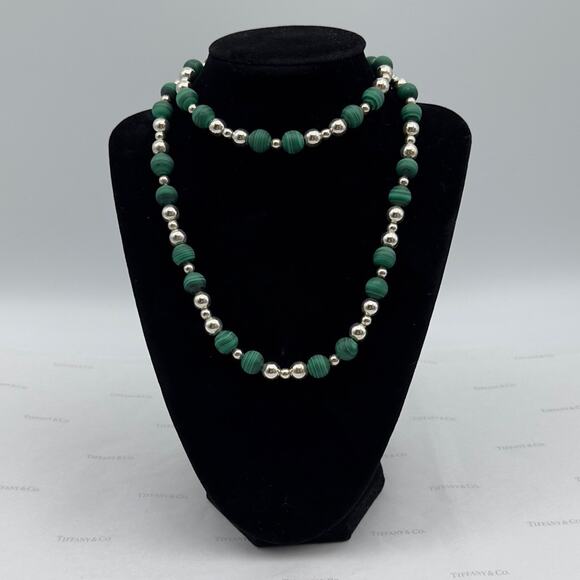 Tiffany & Co Green Malachite Sterling Silver Beads 30" Vintage Necklace Gift Box - Picture 7 of 10